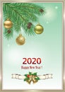 2020 Happy New Year. Christmas background with balls on spruce branchs.Vector illustration Royalty Free Stock Photo